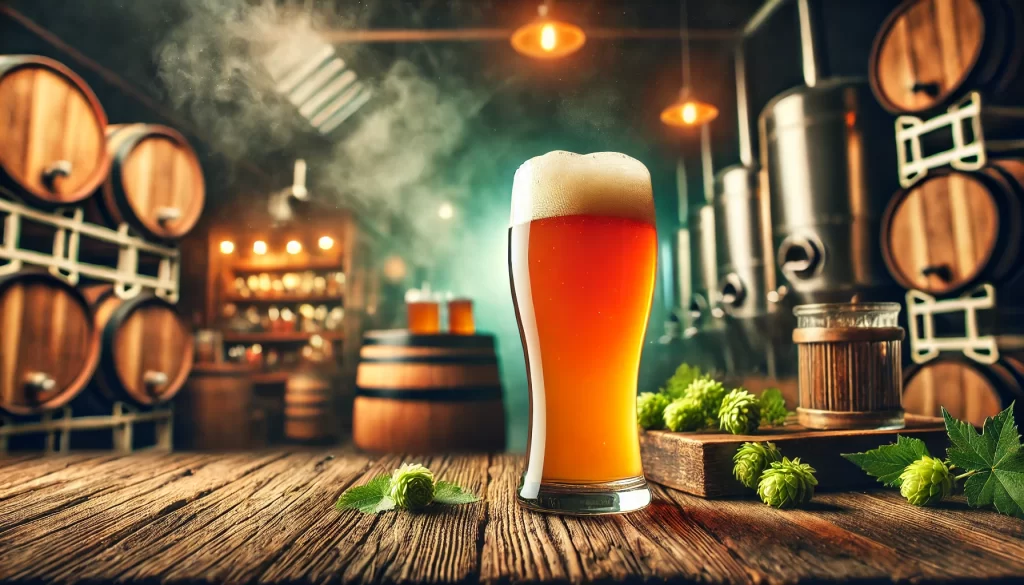 Banner com um copo de cerveja Hazy IPA sobre uma mesa de madeira, em uma cervejaria iluminada com luz natural, destacando a coloração dourada e turva da bebida.Turbidez na Produção de Cervejas.