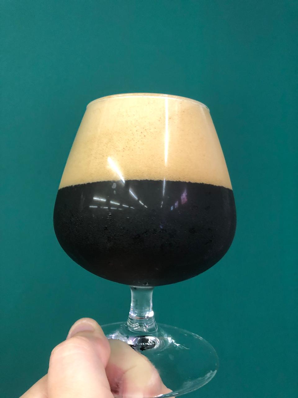 Taça de cerveja Czech Dark Lager Guernica, com coloração escura e espuma cremosa, capturada contra um fundo verde.