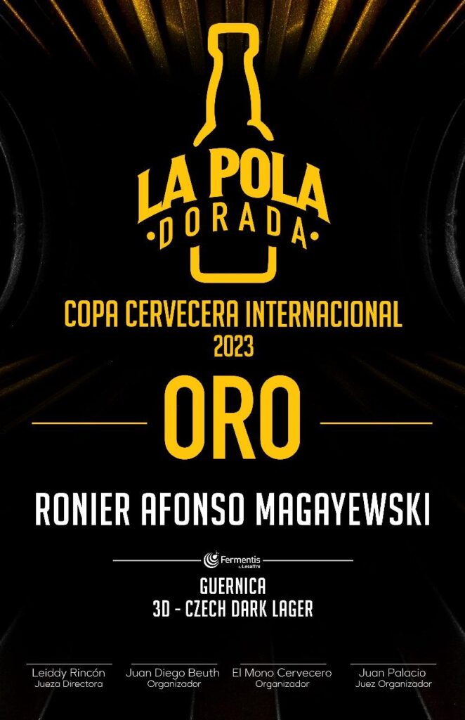 Certificado da competição internacional de cervejas La Pola Dorada 2023, premiando Ronier Afonso Magayewski com medalha de ouro pela cerveja Guernica, na categoria 3D - Czech Dark Lager.